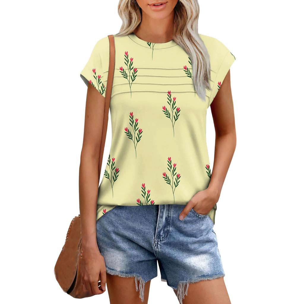 Damska Casualowa Koszulka z Krótkim Rękawem, Podstawowa Tekstura, Kwiatowy Wzór, Okrągły Dekolt, Top z Krótkim Rękawem