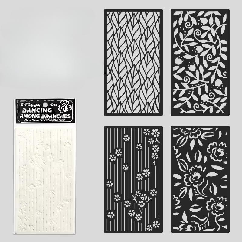 4Pcs/Set Aesthetic Stencil DIY Decor Scrapbook Wall Stencils for Painting Hollow Flower Leaf Striped Plastic Stencil