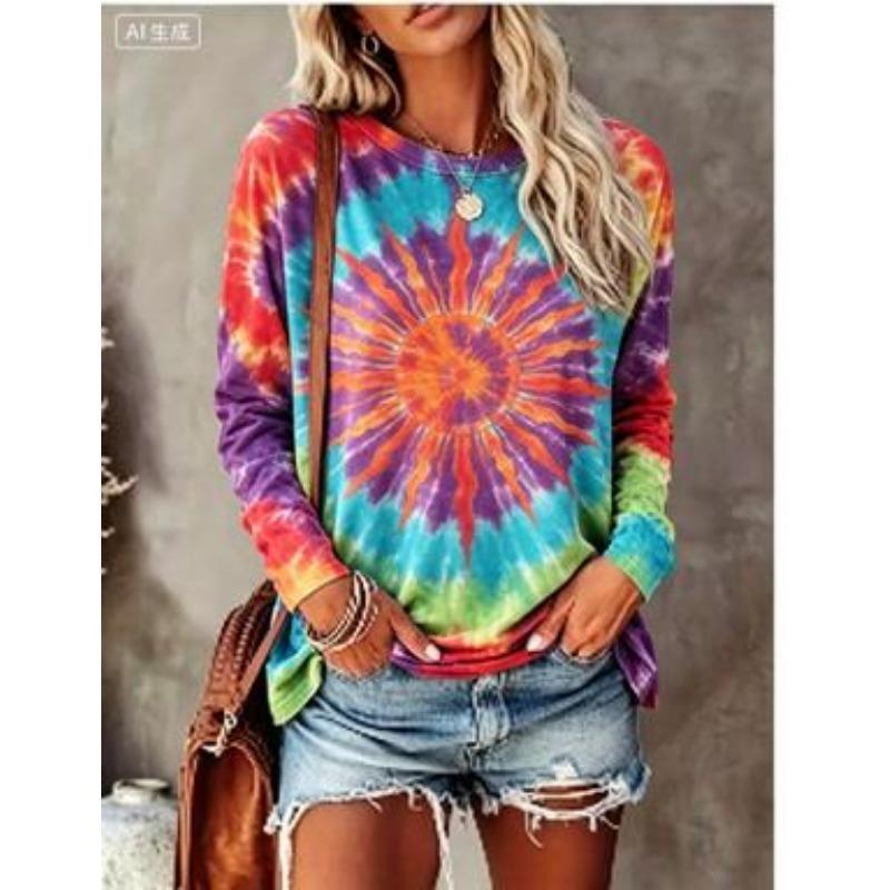 Damska koszulka z długim rękawem T‑shirt Tęczowy Tie‑Dye Grafika Słońca Okrągły dekolt Luźna Codzienna Góra