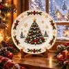 Winter Holiday Plate Wooden Christmas Round Plate Santa Snowman Stocking Tree Bell Sleigh Dish Table Centerpiece Decor Xmas Tabletop Ornament