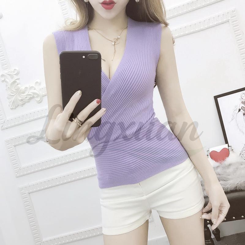 

Ice Silk Deep V-Neck Cross Knit Tank Top One Size фіолетовий