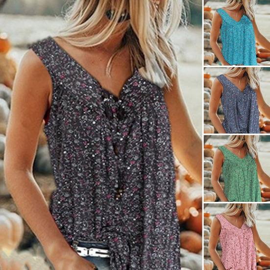 V-neck Sleeveless Flowy Hem Pullover Top Floral Print Lady Vest Top for Daily Wear