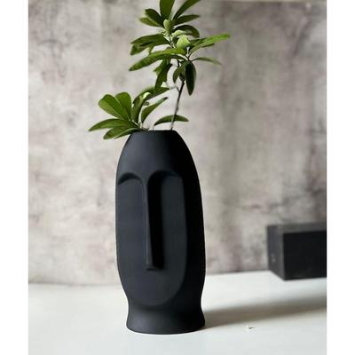 Schwarze Keramik Abstraktes Gesicht Vase | Keramik Blumenvase | Matt(Rauh) Finish, 10 Zoll (Schwarz)