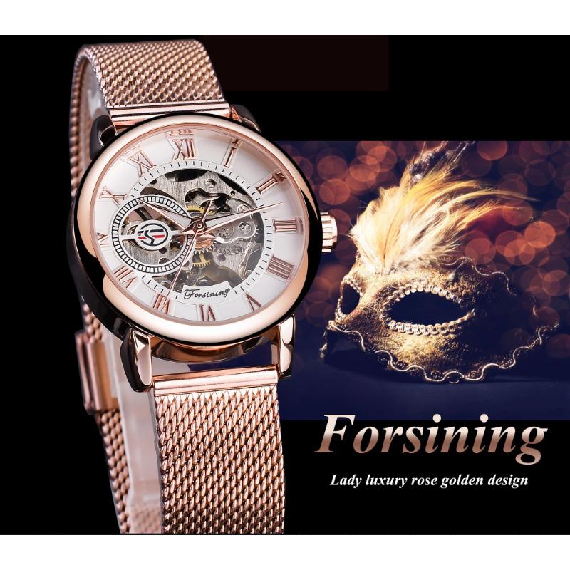 Forsining Ladies Fashion and Leisure Openwork Mesh Belt Small Female Mechanical Watch