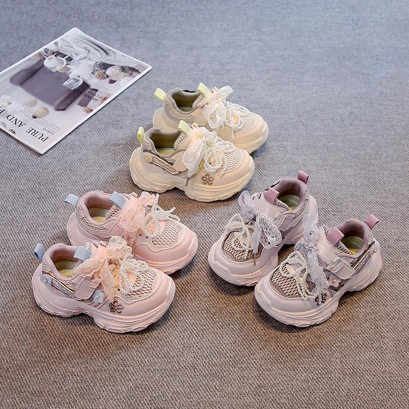 Girls Princess Sneakers Sweet Lace Beading Bows Children Sports Shoes Mesh Breathable Autumn New Kids Running Shoes Soft