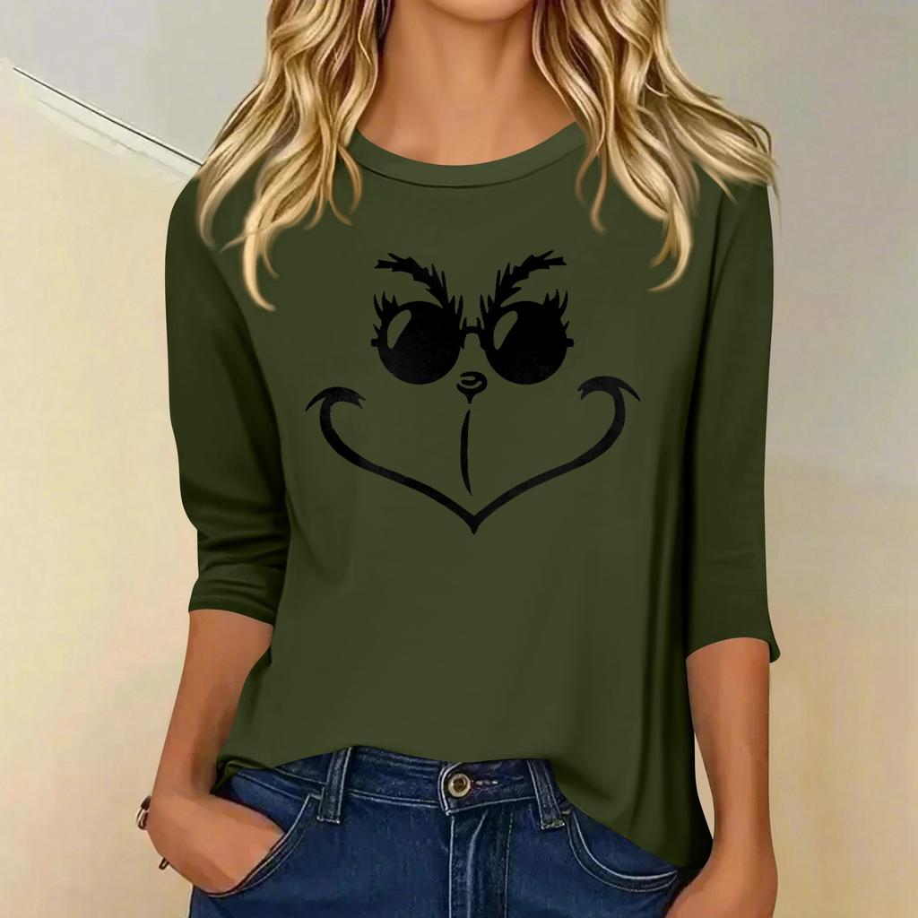 3/4 Sleeve Tops For Women T-Shirt Casual Christmas Print Tops T Shirt Round Neck Pullover Blouse