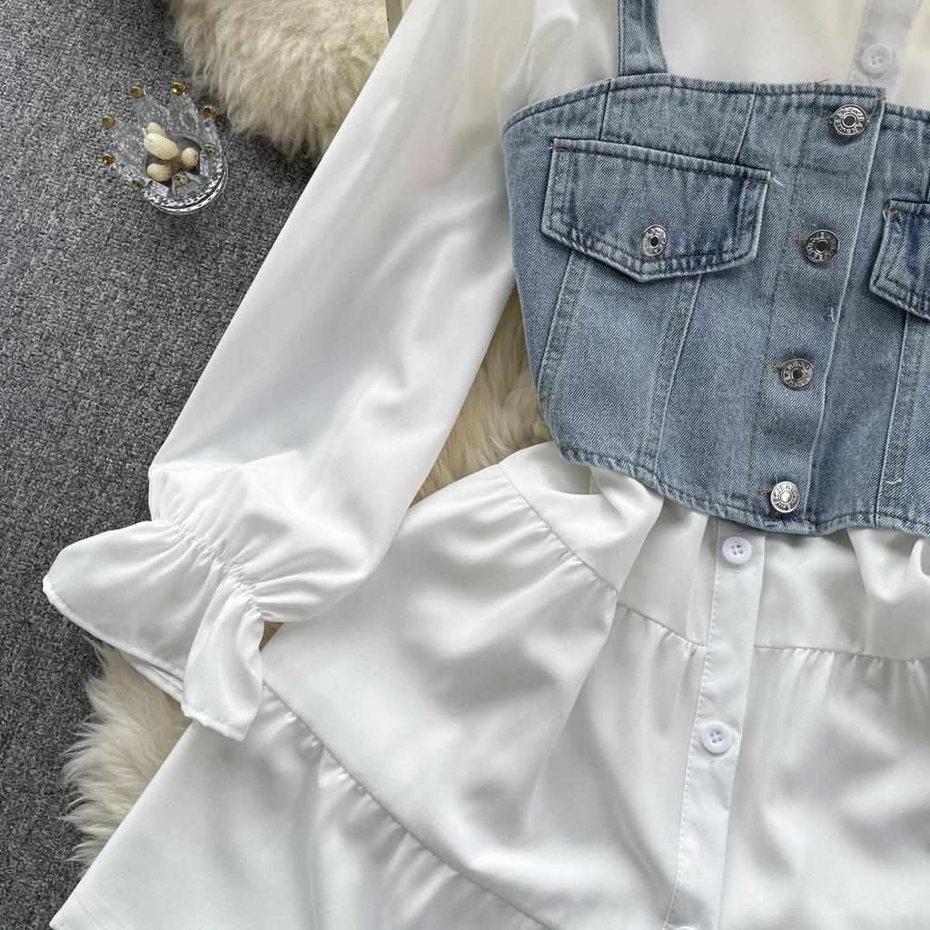 Koreansk Seriekläder Återupplivande Tvådelat Set Topp Retro Kort Jeansväst Trendigt Allmatchande Mellanlångt Skjortset