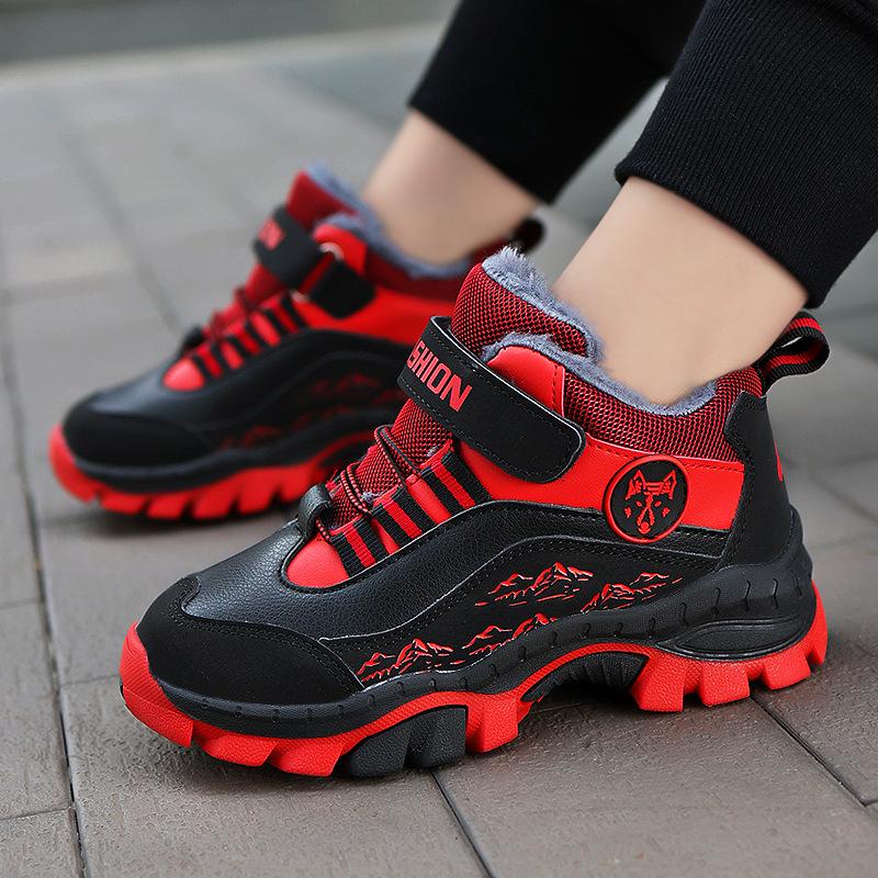 558 Kinder Baumwollschuhe Wanderschuhe Winter High-Top Jungen mit Samt zum Warmhalten Klassenkameraden Leder Cross-Country Sportschuhe ältere Kinder