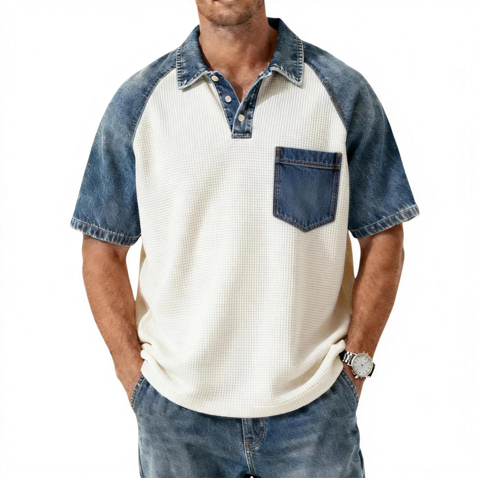 

Men s Denim Patchwork Shirt, Casual Short-sleeved Comfortable T-shirt, Fashionable For Spring And Summer. XL синій