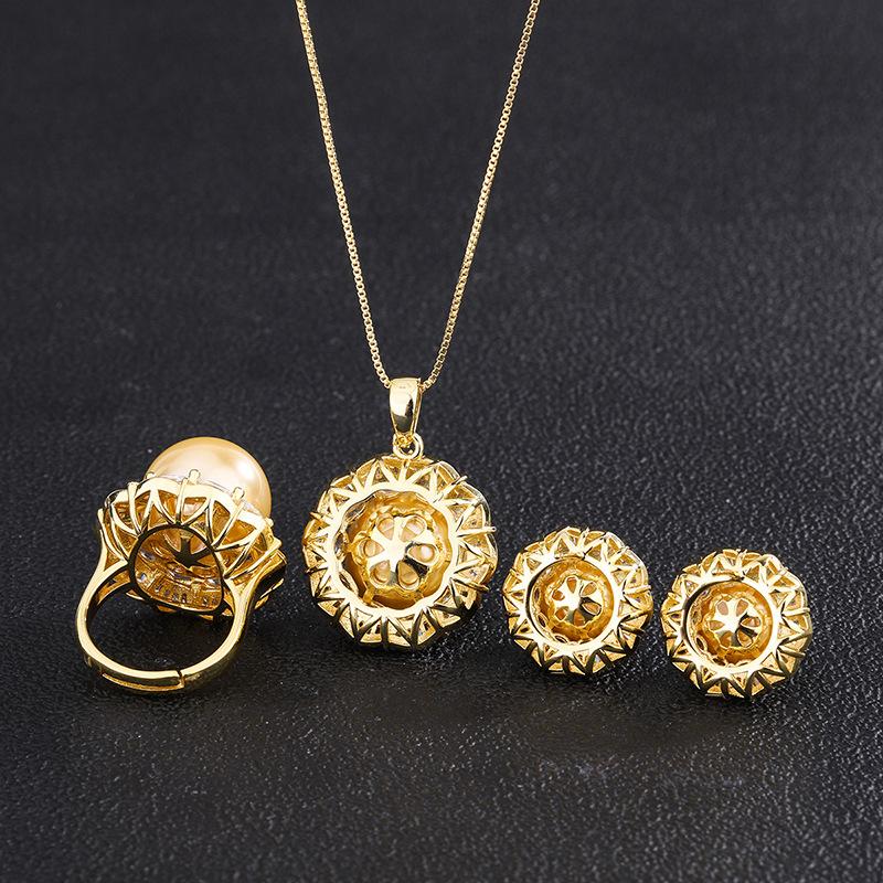Jewelry Inlaid Gold Beads Handmade Diamond Inlaid Ring Pendant Stud Earrings Set 16Mm12Mm