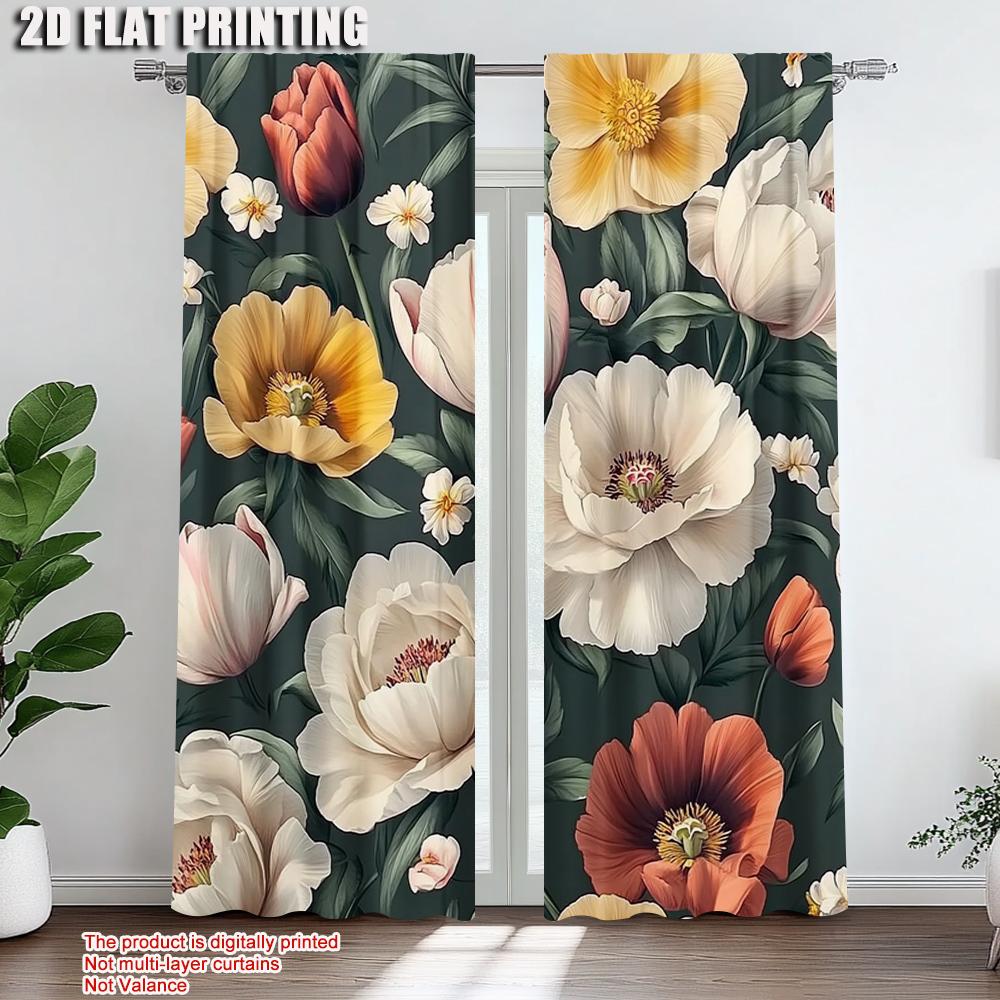 2Pcs Vintage Floral Window Curtain Polyester Drapes With Rod Pocket Light Yellow Rose Print For Living Room Machine Washable
