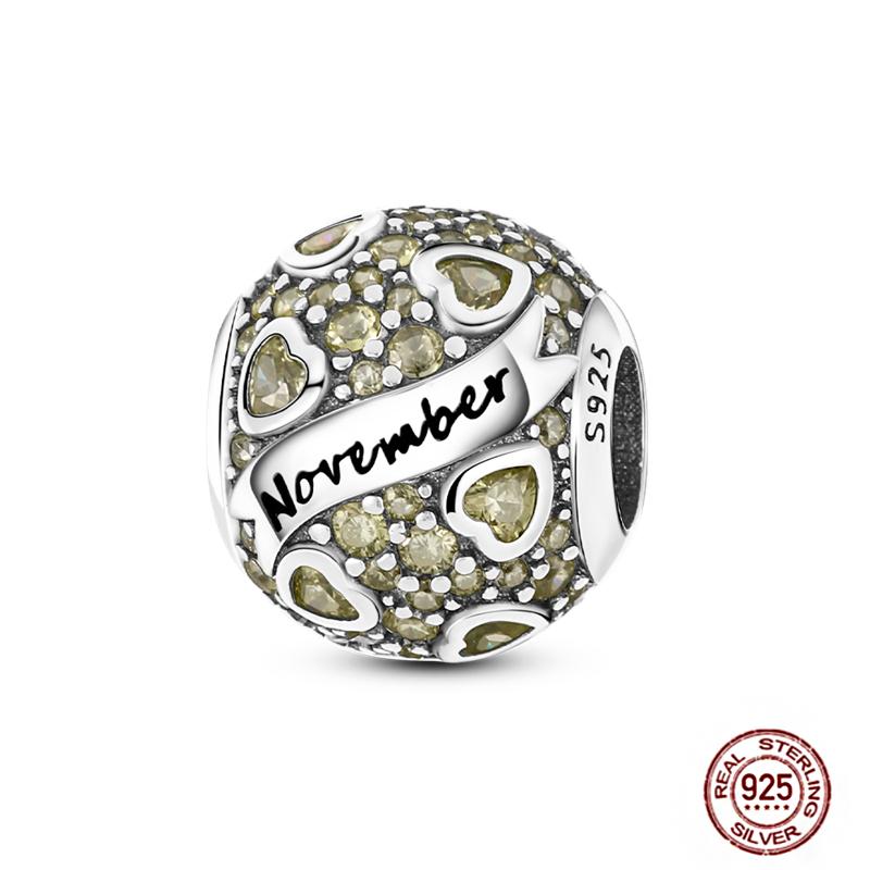 Twelve Months Birthstone Circle Colored Zircon Heart Charms Copper Pink Blue Fit Original Dangle Bracelet Beads Diy Jewelry