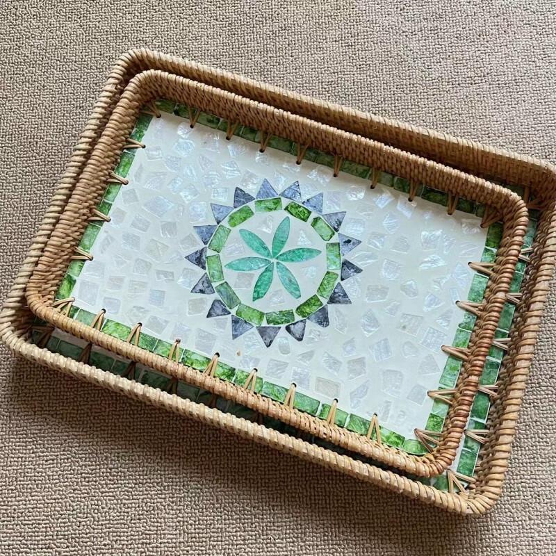 Bohemian Rattan Woven Shell Tray & Basket Set