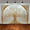 Oversized White Life Tree Wall-mounted - Elegant Polyester Decoration with Golden Branches and White Flowers