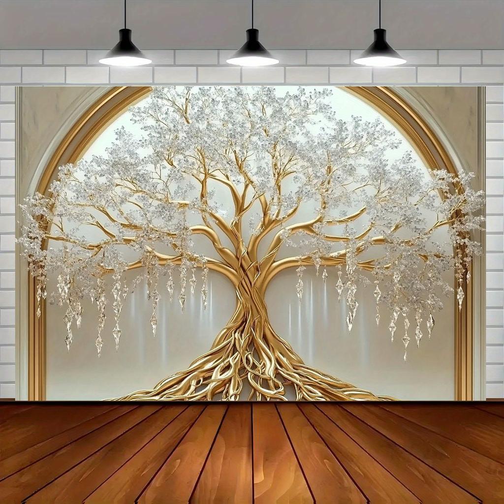 Oversized White Life Tree Wall-mounted - Elegant Polyester Decoration with Golden Branches and White Flowers