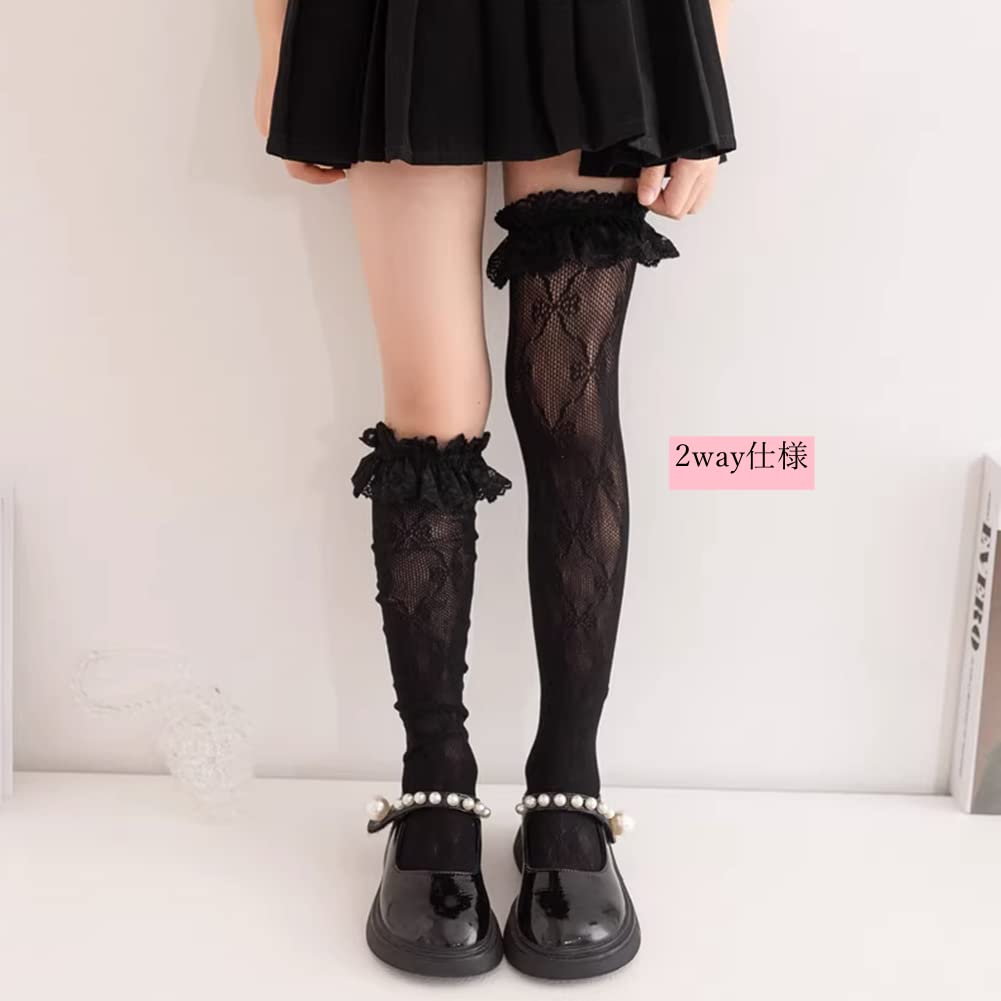 Kids Knee High Socks Girls Socks Set of 2 Ribbon Lace Formal Entrance Ceremonies Graduation Ceremonies Cute Girls Black White Black [InSomila] (L,