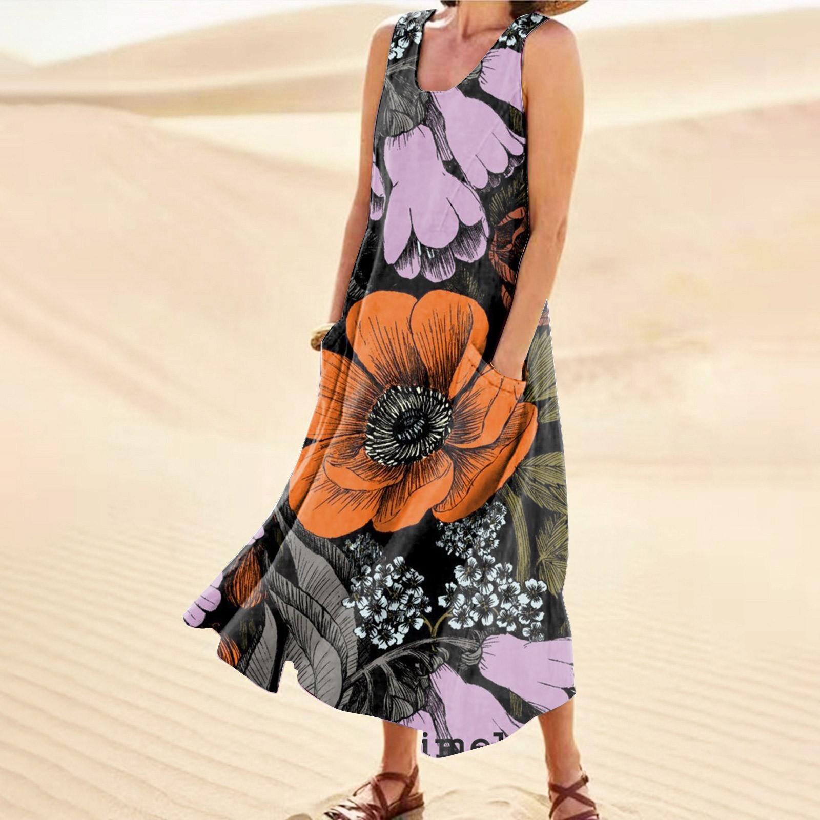 

Летнее платье для женщин, повседневное удобное хлопковое платье без рукавов с принтом и карманом L оранжевый