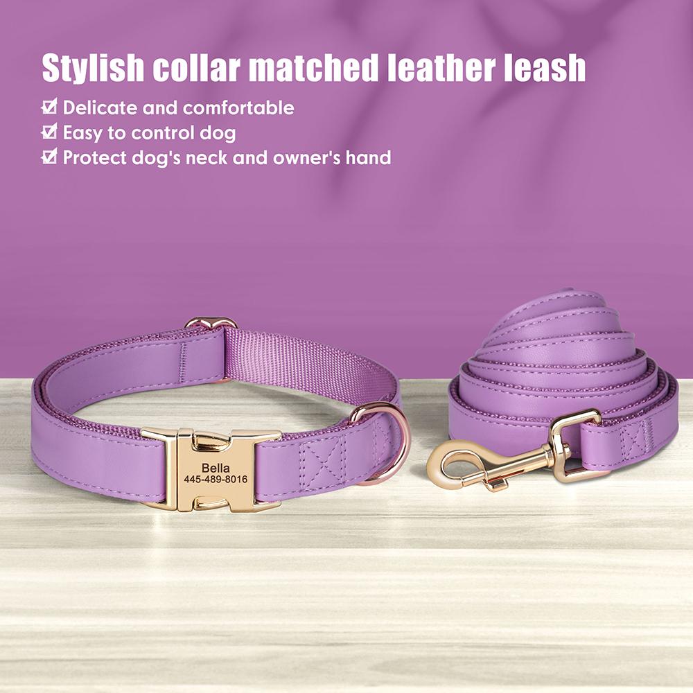 Custom Dog Collar Leash Set PU Leather Dog Collars Engraved Pet ID Necklace With Lead Rope Durable for Small Medium Large Dogs