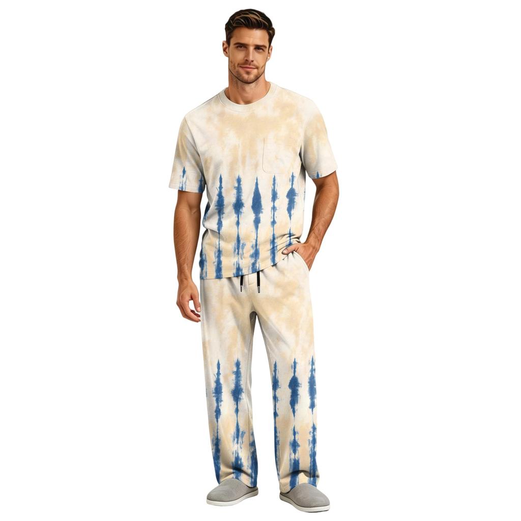 Men's Home Pajama Set, Short Sleeve Top and Long Pants with Button Fly and Drawstring Waist