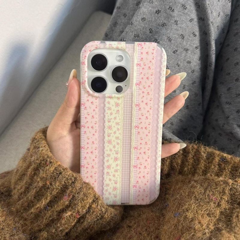 ins striped pink floral iPhone17promax mobile phone case for Apple 16promax white background imd15