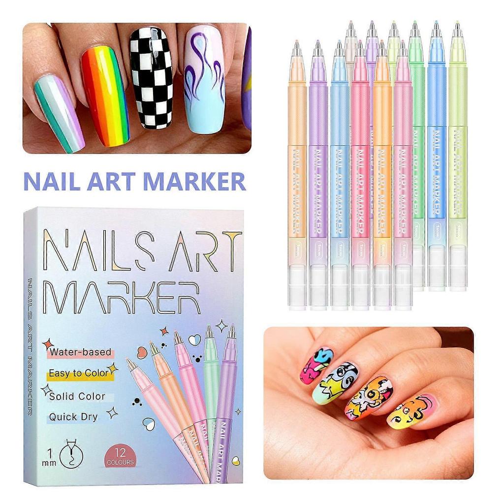 12 Colors Nail Art Pens Set, 2026 New Nail Art Markers Polish Pen for Drawing, Dotting, and Painting, DIY Nail Art Liner Brush Kit Manicure Tools