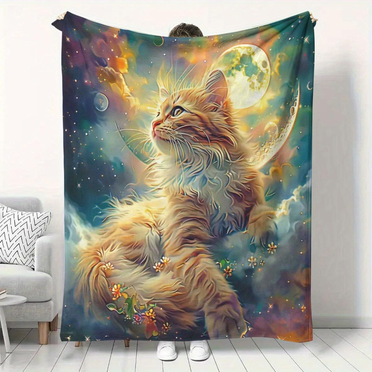 Custom Cat Blanket Galaxy Moon Star Fantasy Art Design Personalized Name Fleece Throw All Season Soft Warm Bedding Home Decor 75X95CM