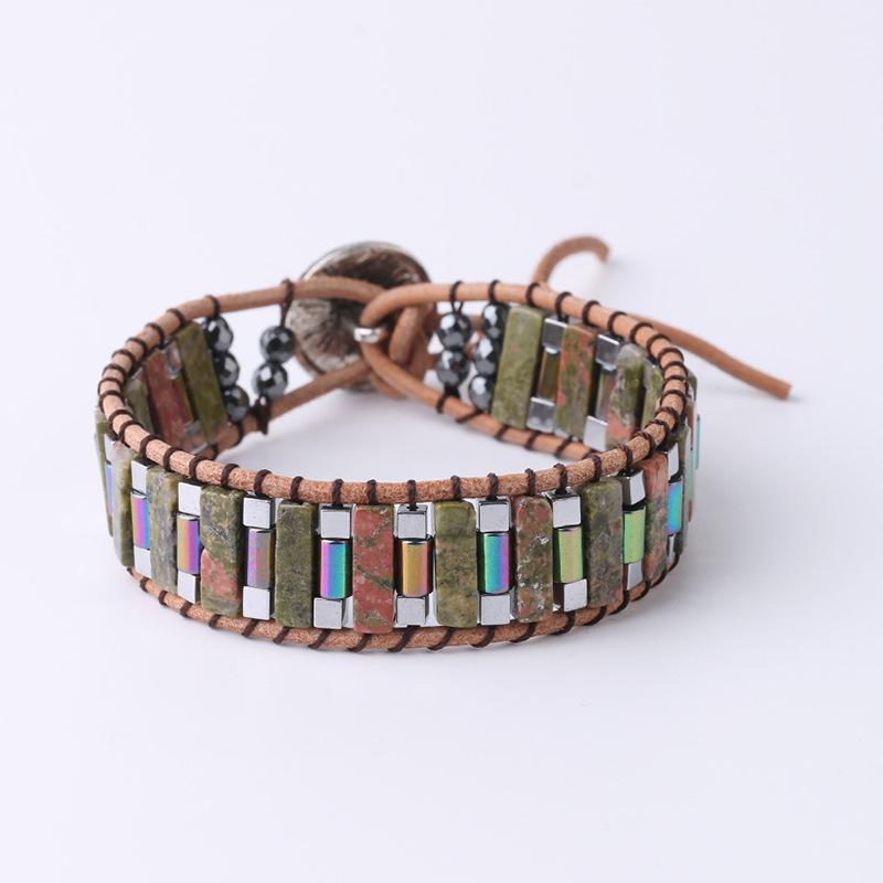 Brățară cu mărgele pătrate lungi țesute manual în stil național Brățară cu mărgele din piatră naturală Brățară înfășurată pentru femei