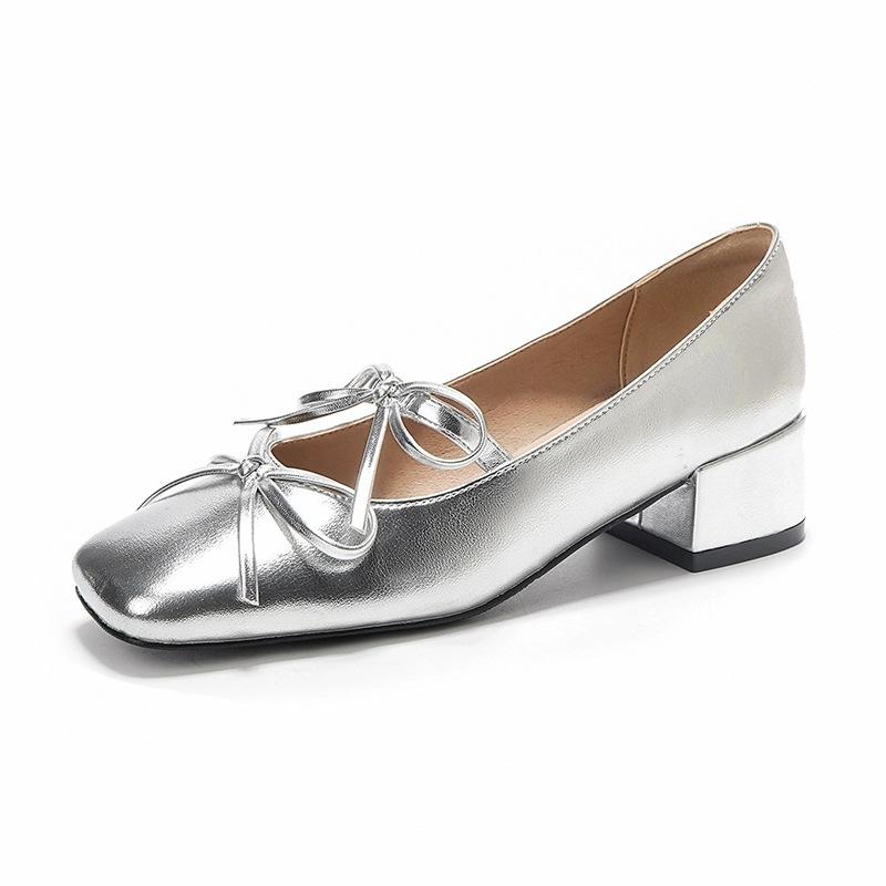 

2025 autumn ballet shoes square head bow light mouth thick heel outer wear silver versatile temperament Mary Jane single shoes 39 серебряный