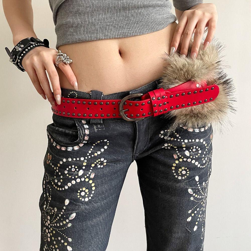 Western Style Y2K Waistband Faux Fur Plush Belt Personality Leather Fur Belt  Daily