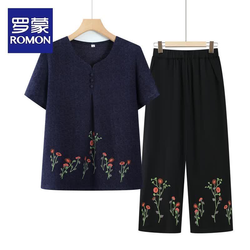 ROMON Women s Embroidered Round Neck Cotton Blend Blouse 2XL