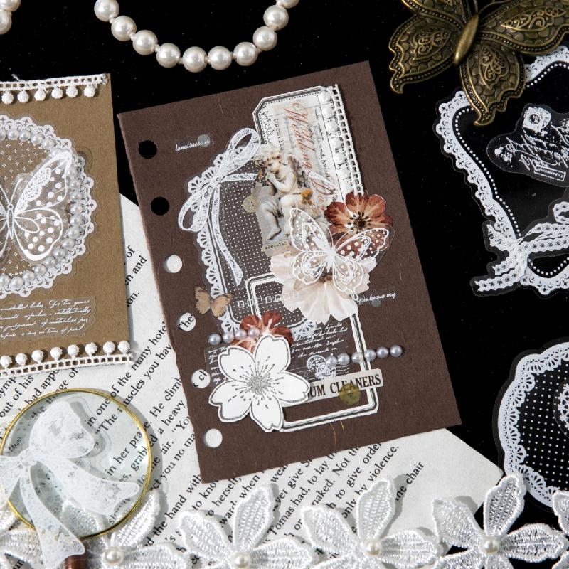 Journal GO 20pcs Island Dream Kawaii Lace Flower Frame PET Stickers DIY Diary Scrapbook Aesthetic Stationery Collage Junk Jornal