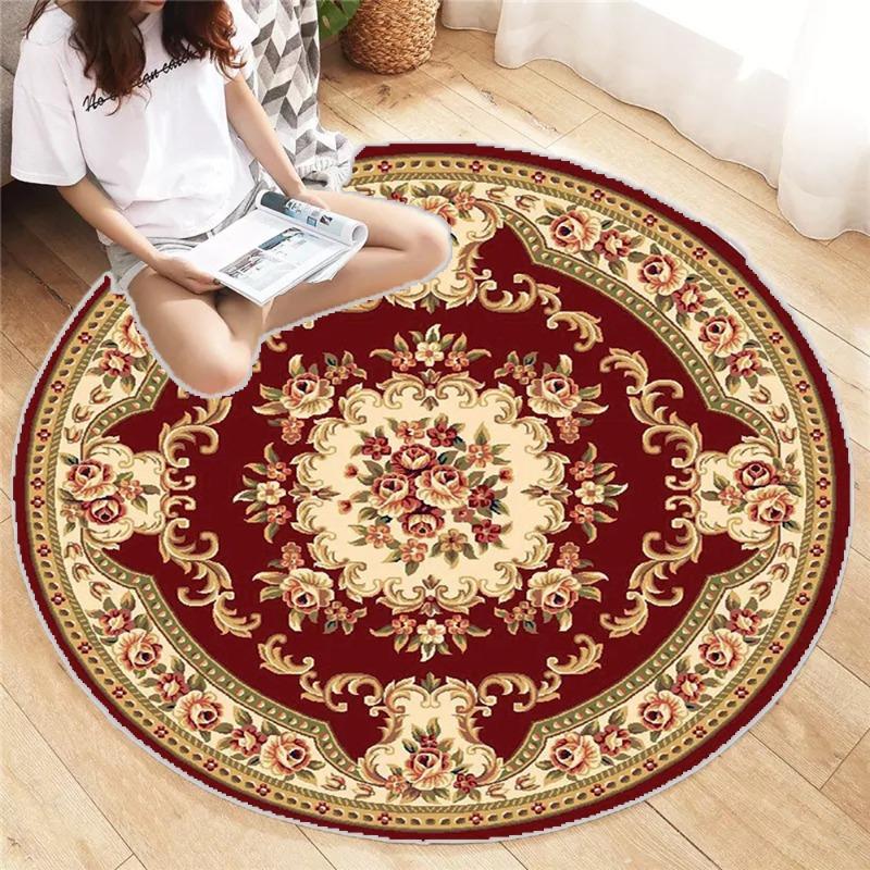 Classic Blossom Round Carpet, Intricate Floral Medallion On Crimson with Bohemian Rug Floor Mat for Traditional Parlor Fashion