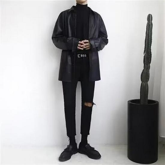 Męska koszula-kurtka w koreańskim stylu ze skóry PU - Modna, Wszechstronna, Długi rękaw, Luźny krój na jesień