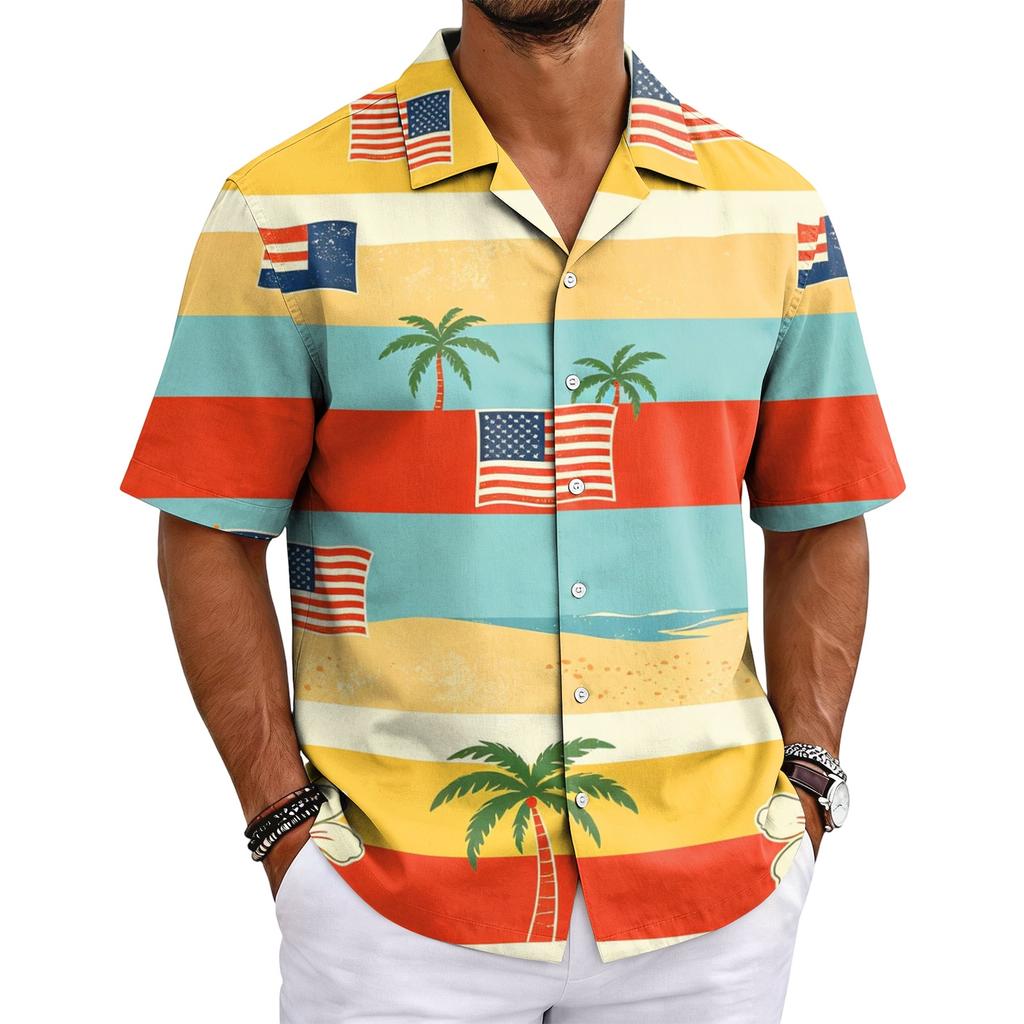 Men's Summer Hawaiian Print Cuban Collar Shirt Short Sleeve Lightweight Button Down Casual Beach Shirt for Outdoor Activities