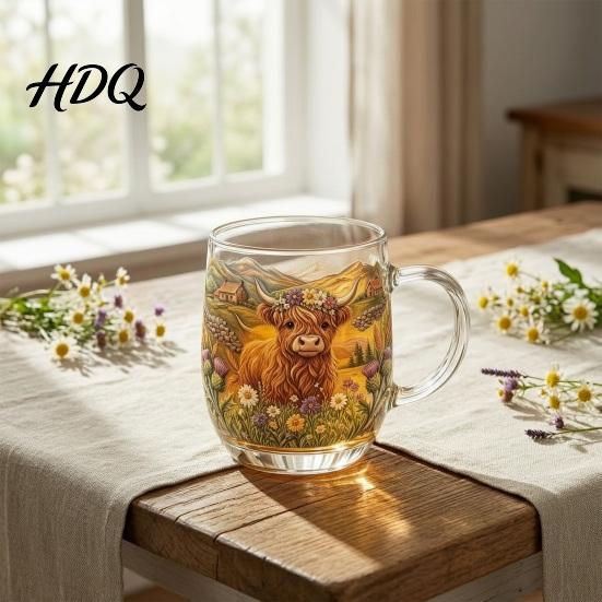 Durable Glass Drinkware 350ML Hand-painted Highland Cow Glass Cattle Coffee Mug Decorative Wine Glasses with Handle Heat-Resistant Tea Milk