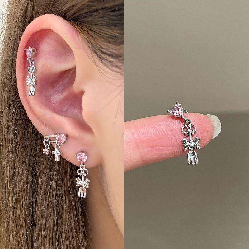 

Ringring Store Pin Beautiful Cross Stud Earrings Female Medical Titanium Steel Ear Bone Stud Titanium Alloy Eardrops Earrings Pink heart knife and fork pendant 1
