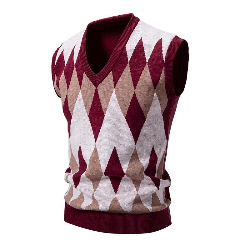 

Мужской вязаный жилет в ромбы с V-образным вырезом, без рукавов, повседневный, облегающий пуловер, вязаный свитер, легкие жилеты 2XL красный