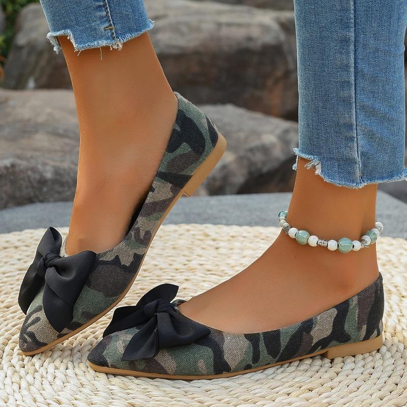 Fashion Autumn New Flat Single Shoes Women's Fashion Pointed Head Shallow Mouth Camouflage Cloth Butterfly Knot Low Top Shoes