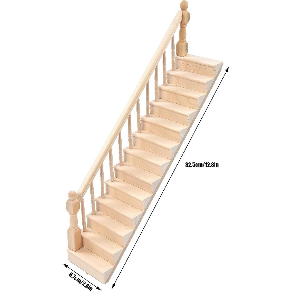 Doll House Stairs, Miniature Stairs 1/12 Scale, Glossy Rounded Corners Birch Material, Make Your Dollhouse Vivid, DIY Stairway Accessory Model,