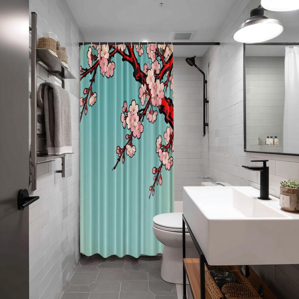 Pink Cherry Blossom Branch on Teal Background Waterproof Shower Curtain 180x200cm - Japanese Style Art Print Bath Home Decor