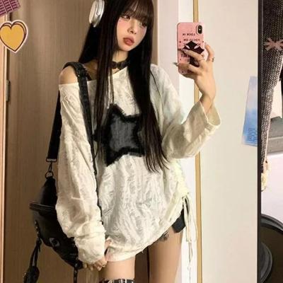 2KWEIRD Grunge Loch T-Shirt Damenmode Stern Print Y2k Ästhetik Lockere T-Shirts Kpop Fairycore Zerrissenes T-Shirt Harajuku Gothic Streetwear