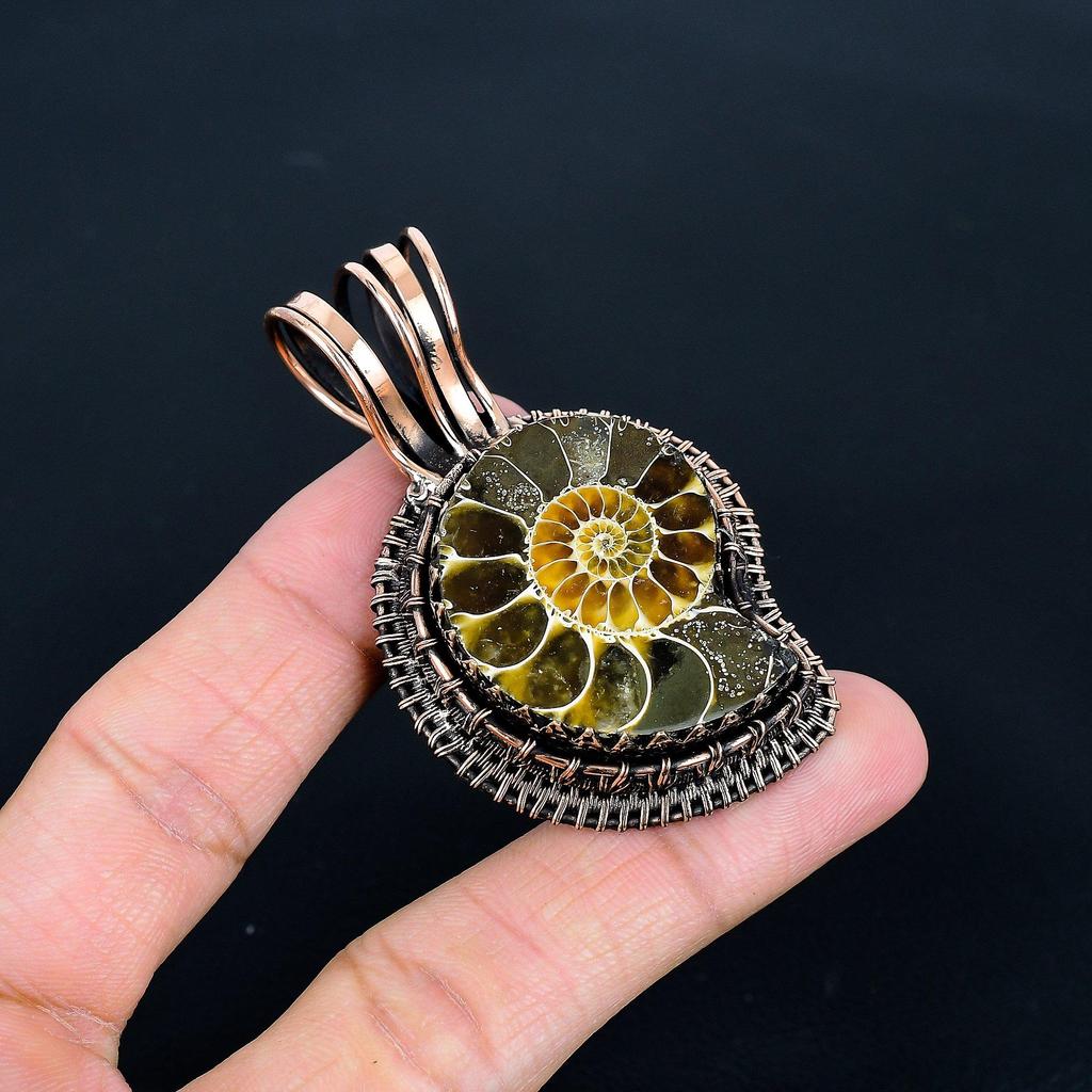 Ammonite Fossil Pendant, Gemstone  999 Copper Wire Wrapped Jewelry Pendant, Handmade Jewelry Birthstone Pendant, Gift For Him