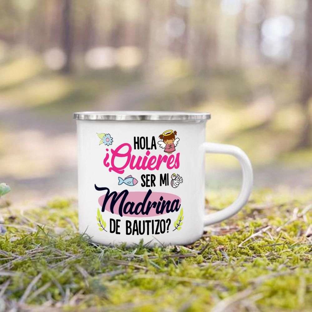 Möchtest du meine Patentante sein? Bedruckte Emaille-Tasse für Getränke, Milch, Kaffee. Antrag auf Patenamt. Retro-Tassen. Beste Idee Geschenke für Madrina