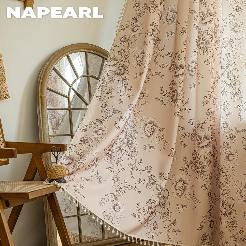 1PC NAPEARL French Retro Gentle Printed Curtains with Tassel Edge Semi Transparent Curtains for Bedroom Living Room Window Home Decor