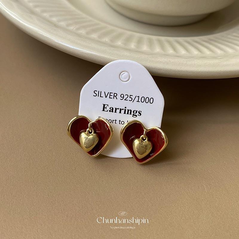 New French Popular Love Retro Premium Drop Glaze Autumn and Winter Stud Earrings Fashion Temperament Ear Clips Hole-free Exquisite Earrings