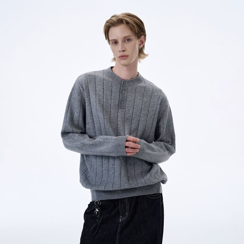 Kisko Autumn and Winter Retro Ribbed Henry Collar Base Knit Sweater for Men and Women, High-End Cleanfit Casual Top