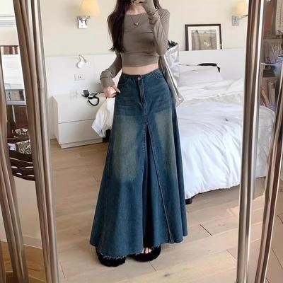 2025 Noua fustă lungă de blugi cu talie înaltă, în formă de A, pentru femei - Retro spălate și slim fit