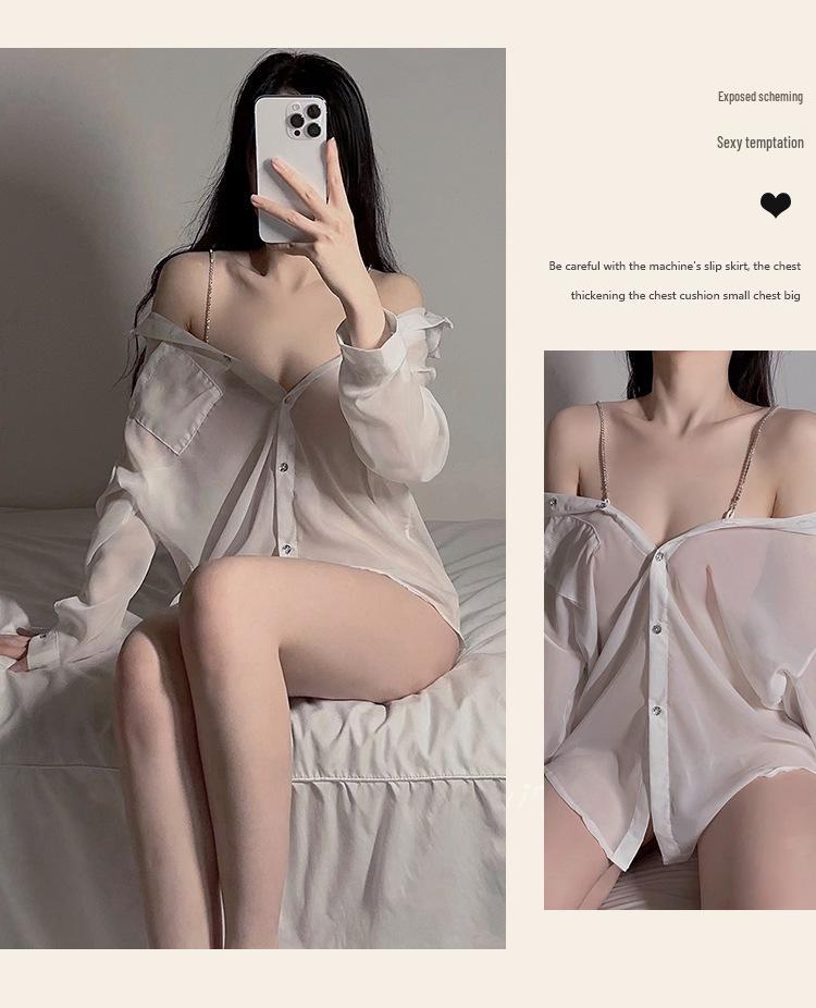 Seductive Diamond Chain Lingerie: See-Through Chiffon Nightdress with Spaghetti Straps, Long Sleeves, and Erotic Appeal.