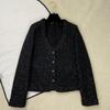 Womens 2026 Black Sequin U-Neck Short Tweed Jacket With Silk Lining Slim Fit Elegant Vintage Style