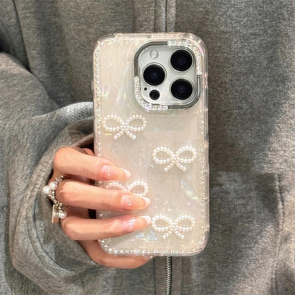 Luxury 3D Pearl Bowknow Glitter Rhinestone Shell Pattern Phone Case For iPhone 17 16 15 13 12 Pro Max 14 Plus Stylish Bling Cover